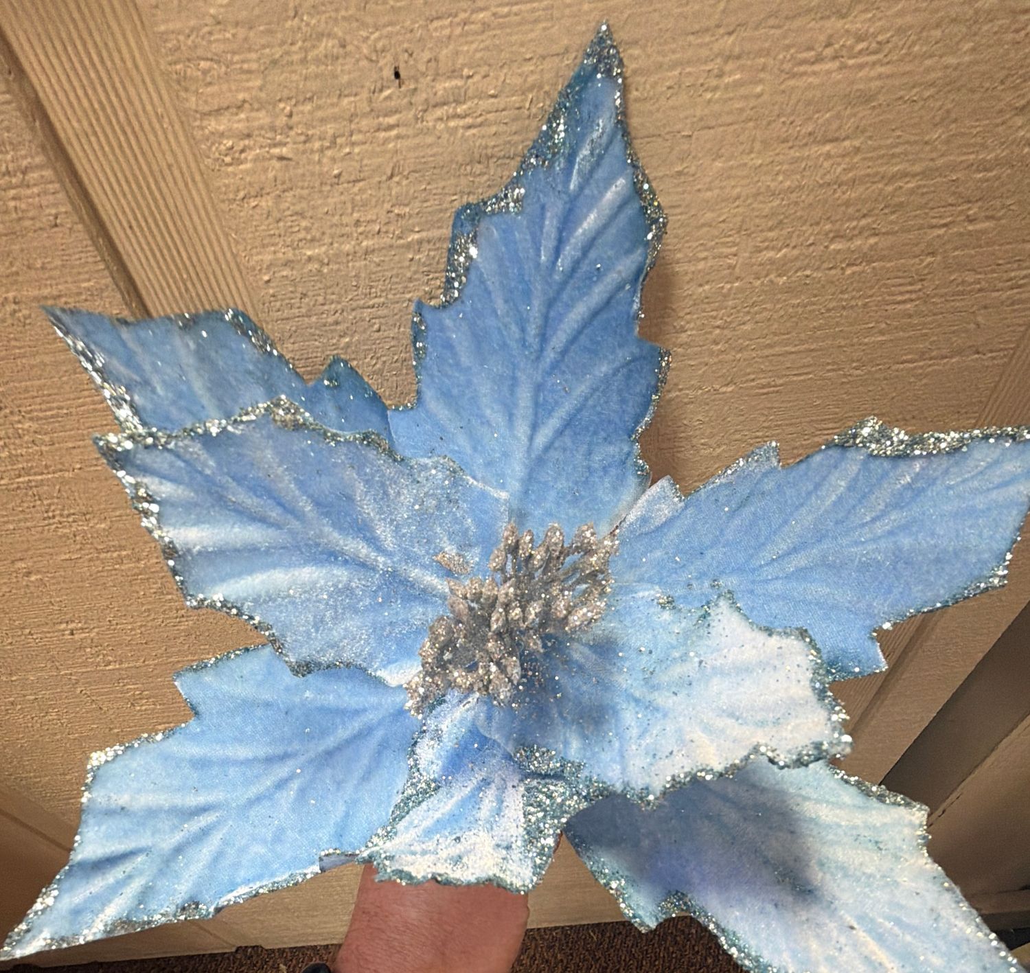 12" Light Blue Poinsettia Stem with Glitter Edges