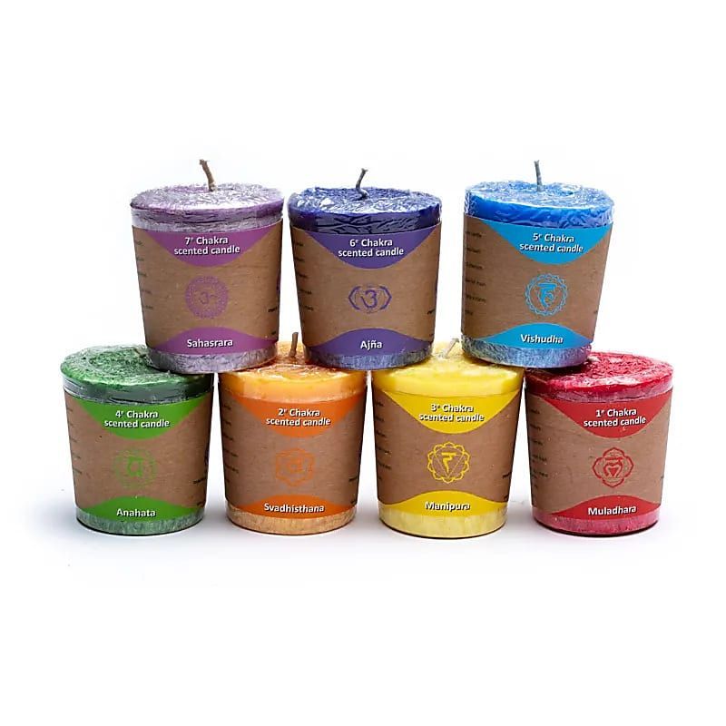 7 Recharges bougies Votives aux huiles essentielles du 1°chakra au 7°chakra 7 Recharges bougies Votives aux huiles essentielles du 1°chakra au 7°chakra