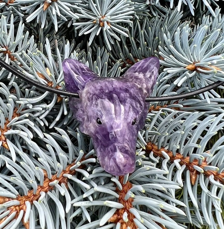 Pendentif Tête de Loup Amesthyste (Cordon de cuir noir)