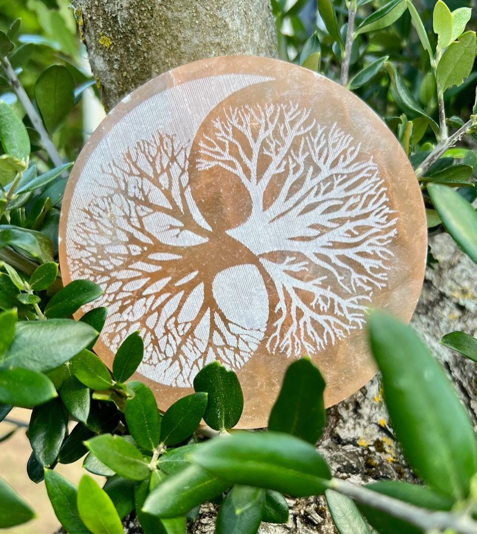 Plaque Sélénite Arbre de Vie Yin-Yang Orange/Blanc Plaque Sélénite Arbre de Vie Yin-Yang Orange/Blanc