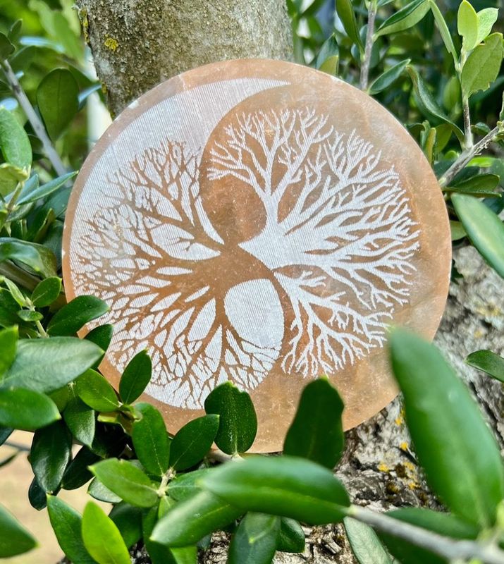 Plaque Sélénite Arbre de Vie Yin-Yang Orange/Blanc Plaque Sélénite Arbre de Vie Yin-Yang Orange/Blanc