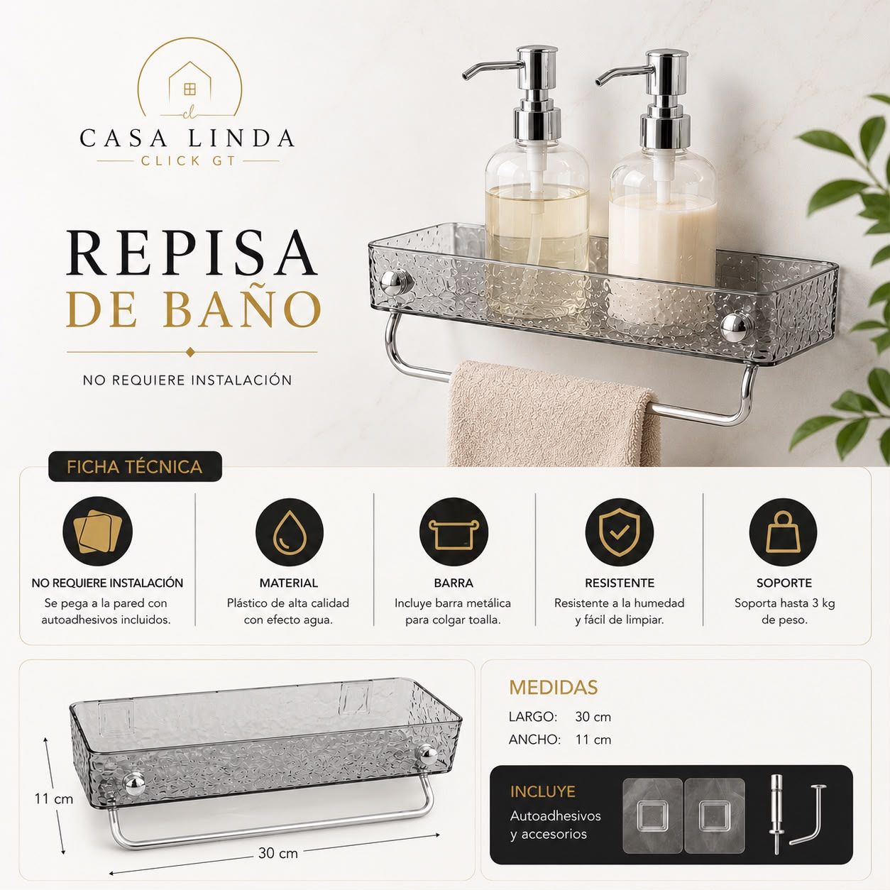 Repisa de baño con toallero 30 × 11 cm