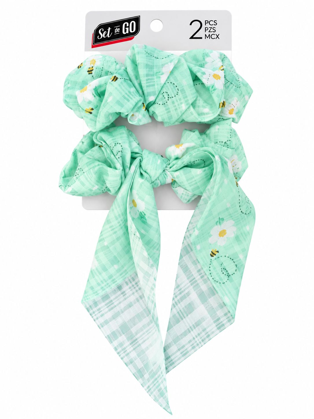 Lot de 2 chouchous foulard fleuris – Vert menthe