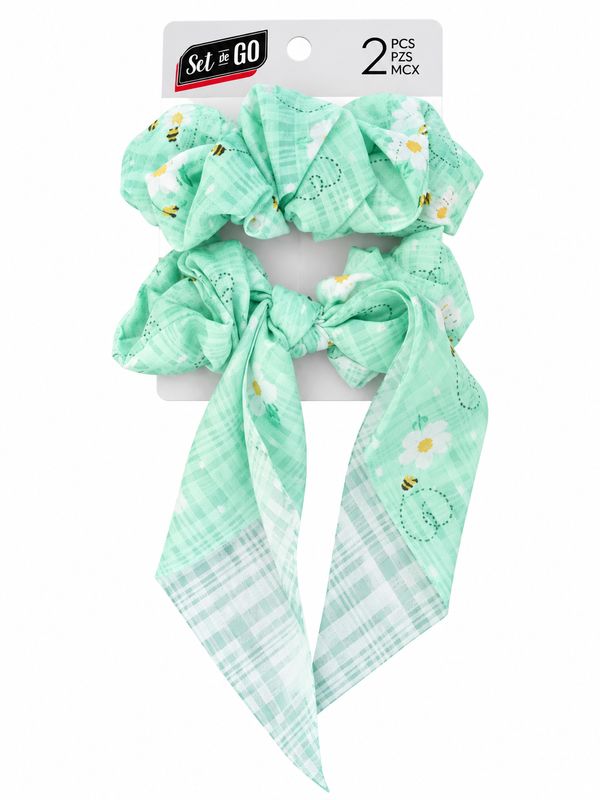 Lot de 2 chouchous foulard fleuris – Vert menthe