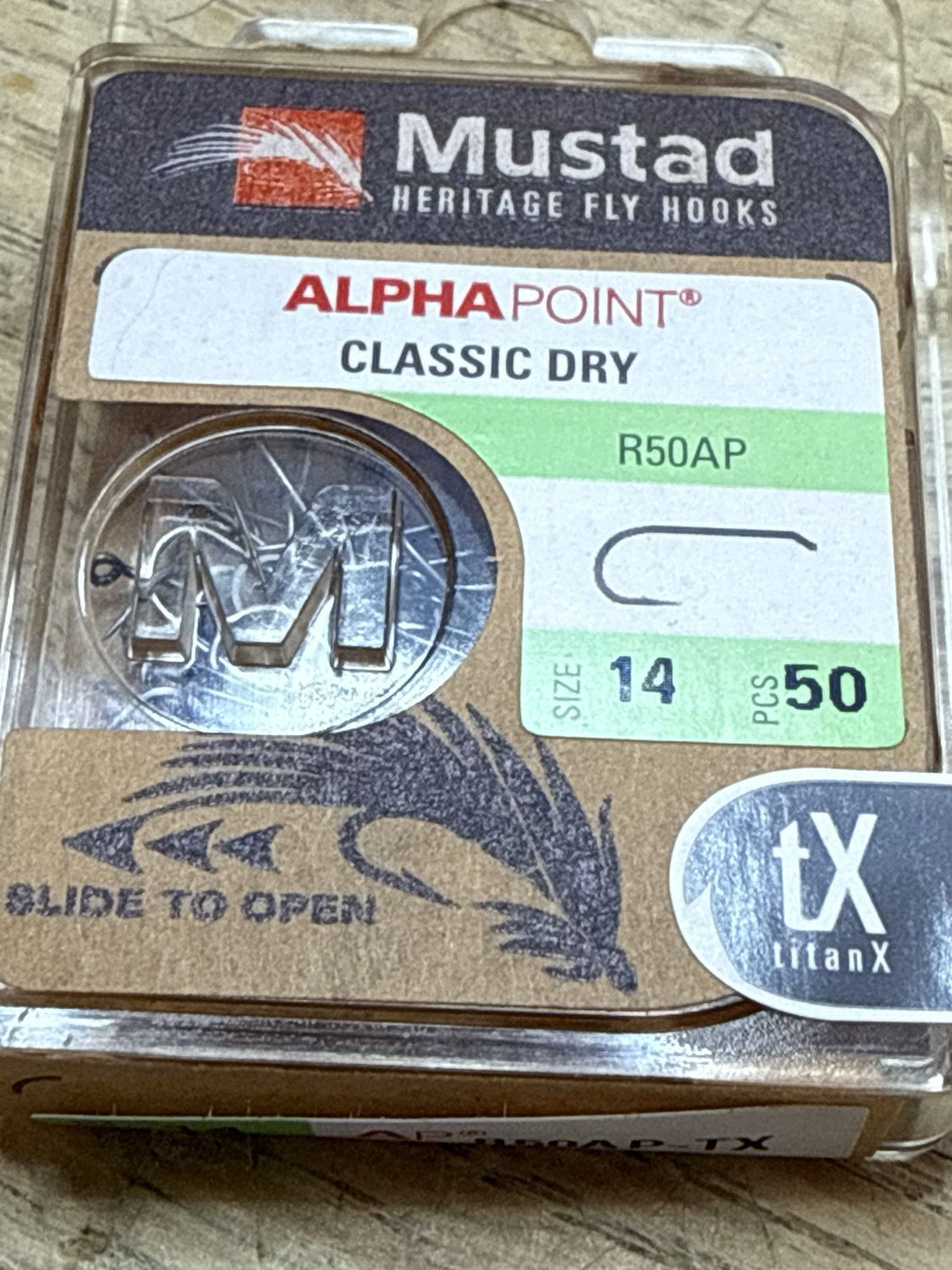 Mustad Alpha Point Classic Dry / R50AP-TX / Size 14 / 50 Hooks Per Package.