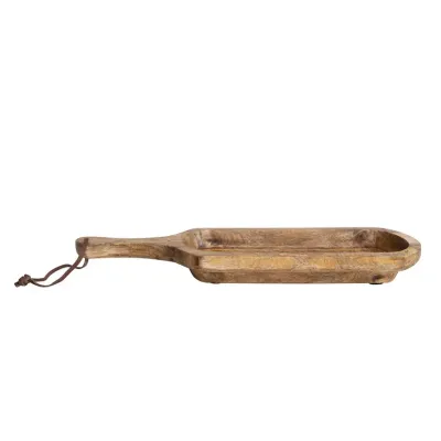 Mango Wood Serving Tray w/ Handle &amp; Leather Tie