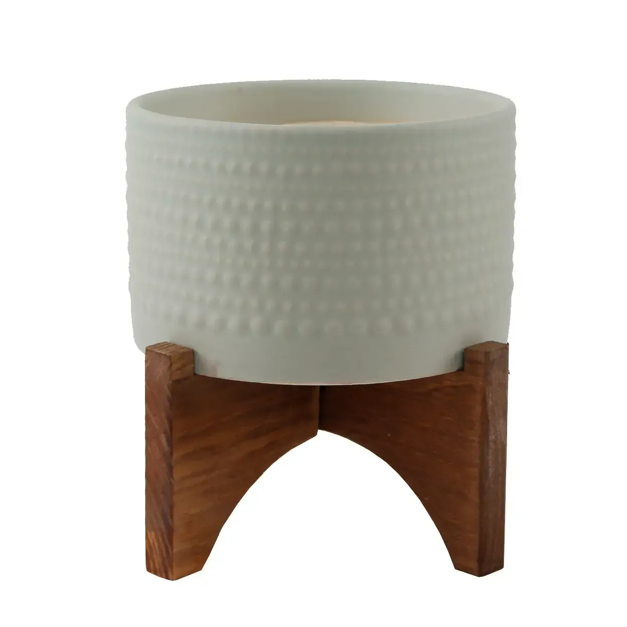 Hobnail Ceramic 5” Ivory Planter on Wood Stand