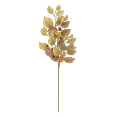 Green Birch Leaves Stem w/Mustard Spikes 30”