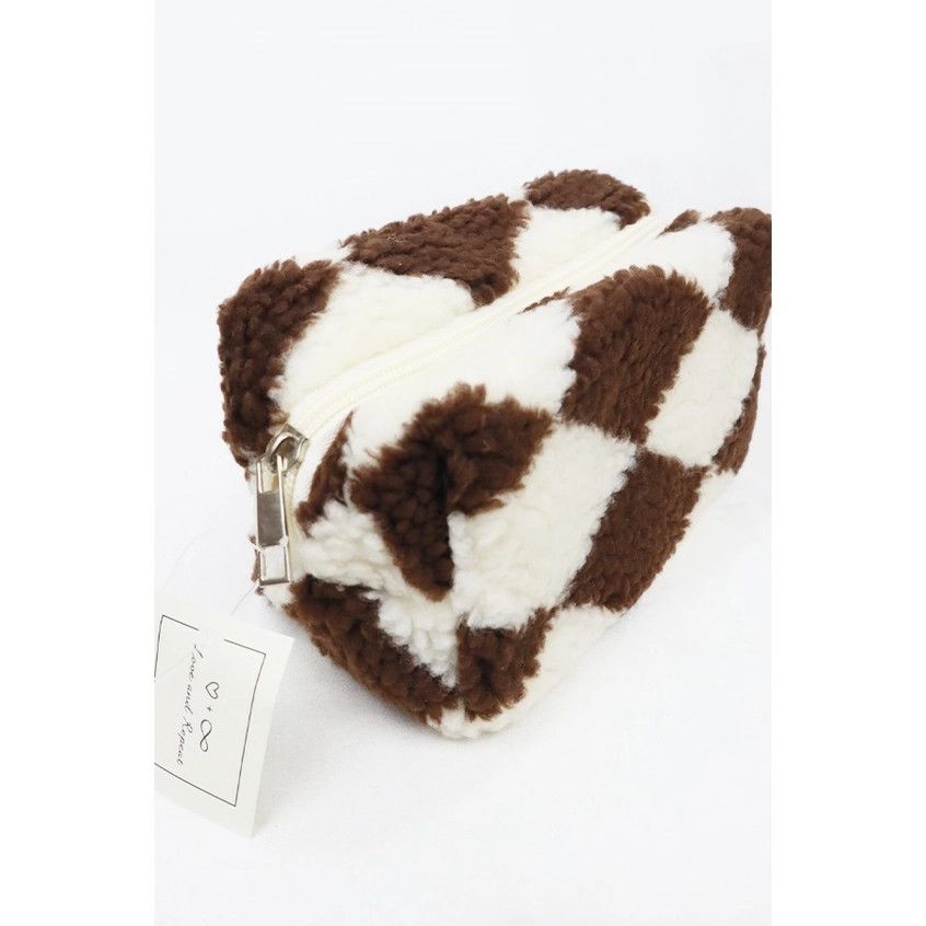 Checker Plush Brown Cozy Cosmetic Pouch