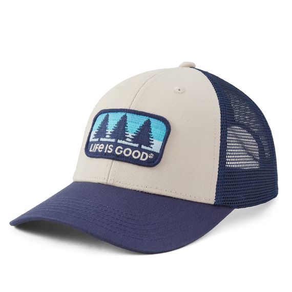 Life is Good Trucker Hat Three Patch Pine Bone