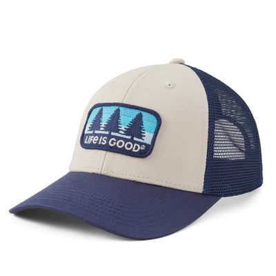Life is Good Trucker Hat Three Patch Pine Bone