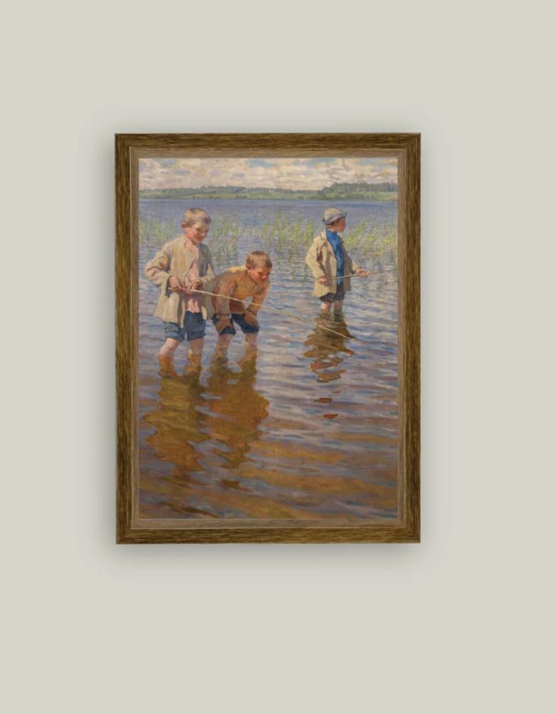 Mid-Day Fishing Wall Art: Vintage Framed Canvas 11"15"