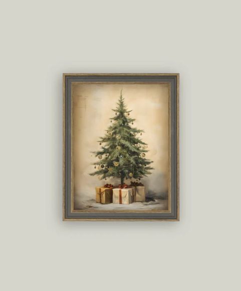 Christmas Tree with Presents Framed Antique Style Art Print 7x9”