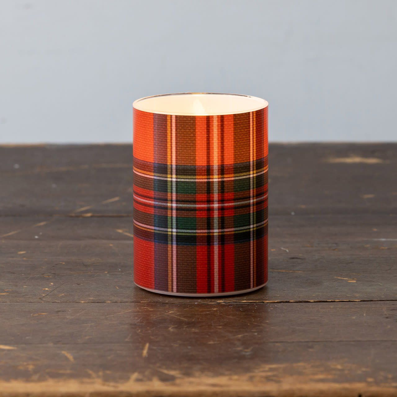 Red Tartan 3D Flame Glass Candle 4”