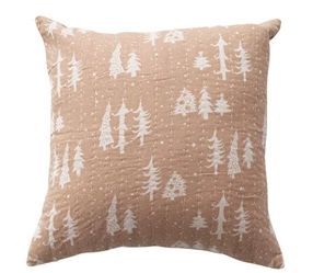 Pillow with Hand-Embroidered Kantha Stitch, 18”x18” Tan with White Trees