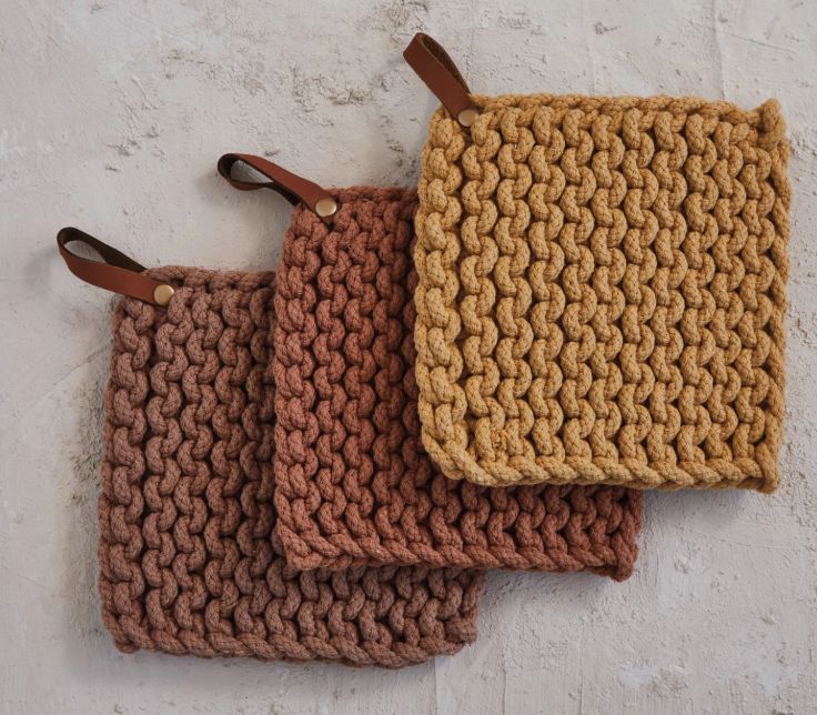 Cotton Crocheted Pot Holder w/ Leather Loop