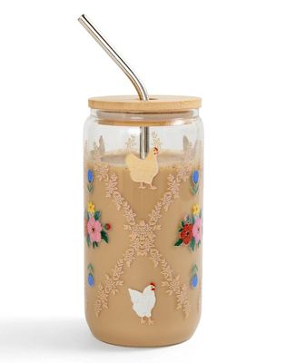Chickens Folk Floral Tumbler with Bamboo Lid with Straw