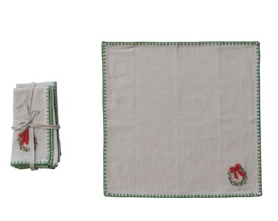 Napkins with Embroidered Wreath &amp; Appliquéd, Set of 4