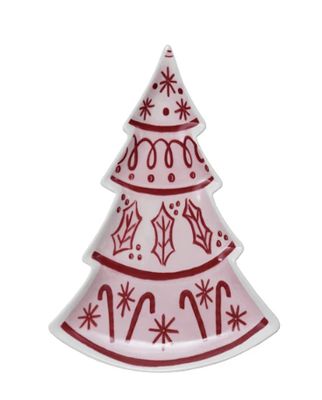 Clearance - Tree Shaped Stoneware Plate, Pink, Red, &amp; White, 8” x 5-3/4”