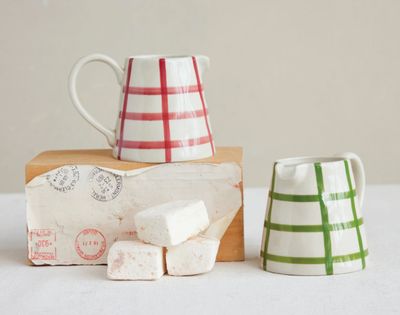 Hand-Painted Stoneware Creamer Mug with Grid Pattern