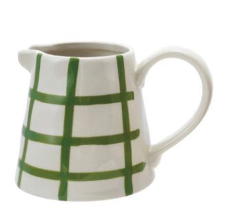 Hand-Painted Stoneware Creamer Mug with Grid Pattern, Color: Green