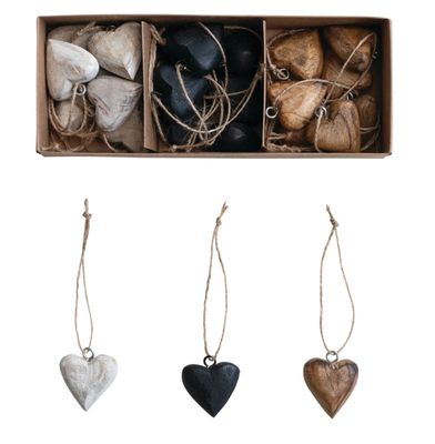 Mango Wood Heart Ornaments with Jute Hangers, Boxed Set of 24