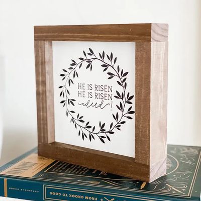 He Is Risen 9x9 | Wooden Framed Sign White/Dark Walnut