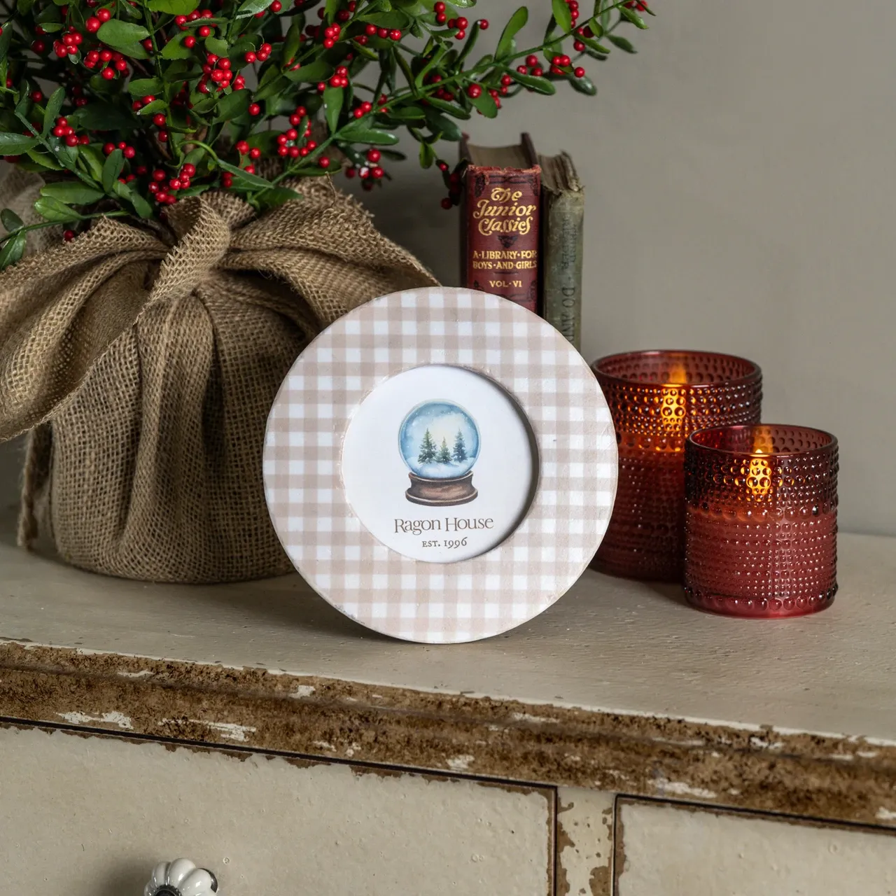 4" Round Beige Gingham Photo Frame