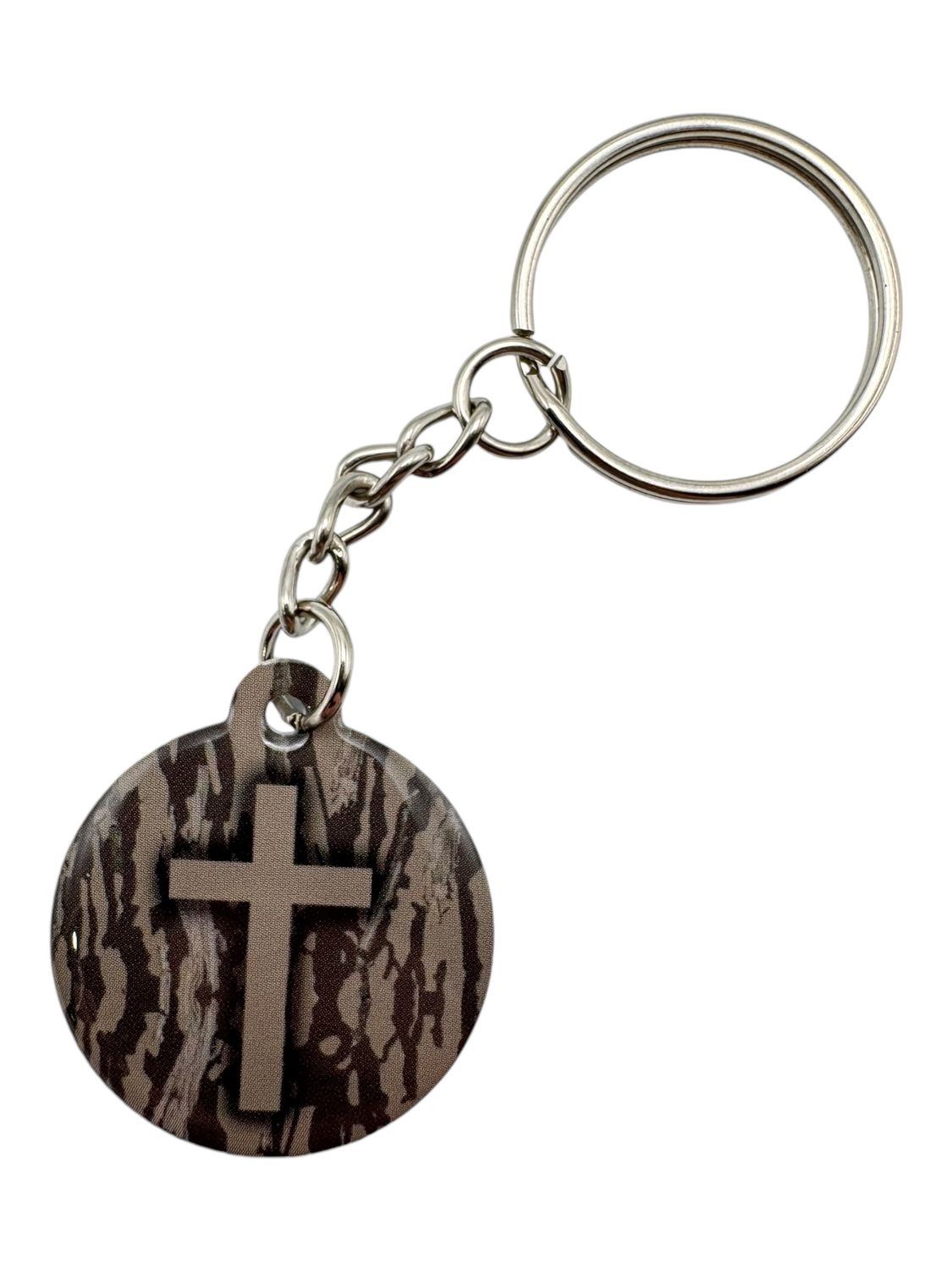 Tree Bark Camo + Cross Prayer Keychain