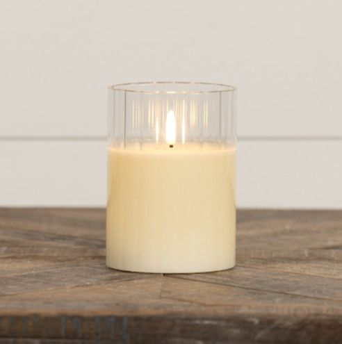 Cream Fluted Glass 3D Flame Candle 5"