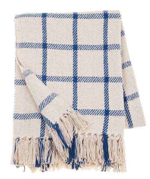 Blue &amp; Natural Windowpane Check Woven Throw