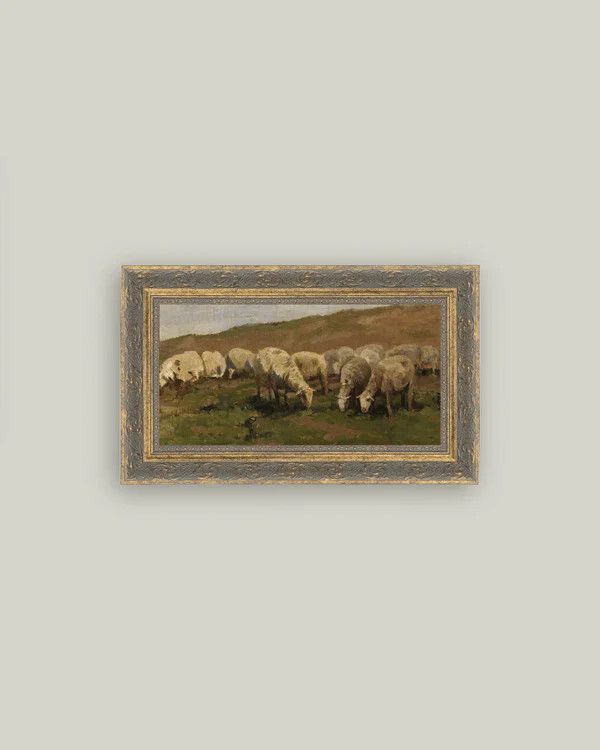 Sheep LandscapeVintage Framed Antique Style Wall Art Sign 12"x7"