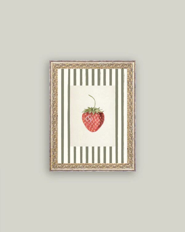 Strawberries on Stripes Vintage Framed Antique Style Wall Art