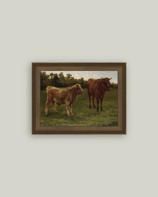 Two Cows Grazing Vintage Framed Antique Style Wall Art Sign