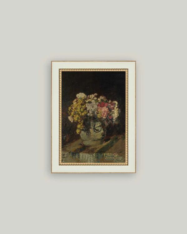 Vase of Pink &amp; Yellow Flowers Vintage Framed Canvas 4"x6"