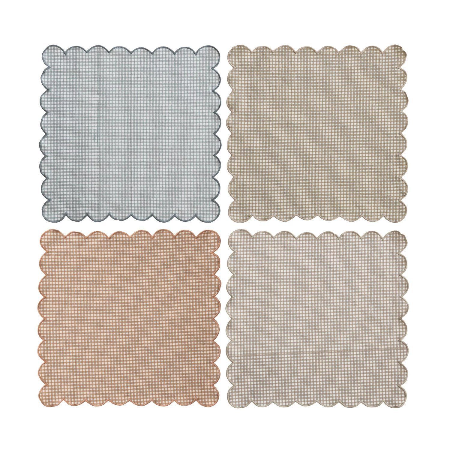 Cotton Printed Scalloped Napkins w/Check Pattern Set of 4