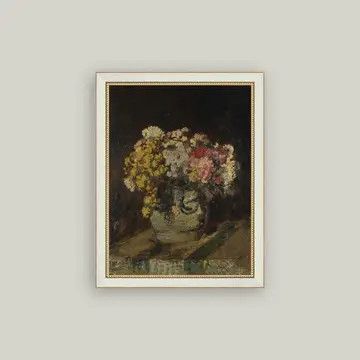 Vase of Pink &amp; Yellow Flowers: Vintage Framed Canvas 7"x9"