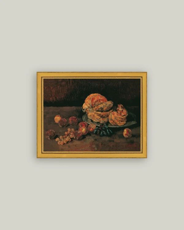 Still Life of Pumpkin, Grapes, and Peaches Beaded Brass Framed Wall Canvas Art (9"x7")
