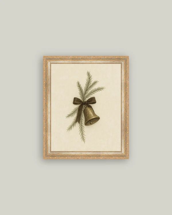 Bell with Pine Antique Copper Gold Framed Wall Canvas 20"x24"