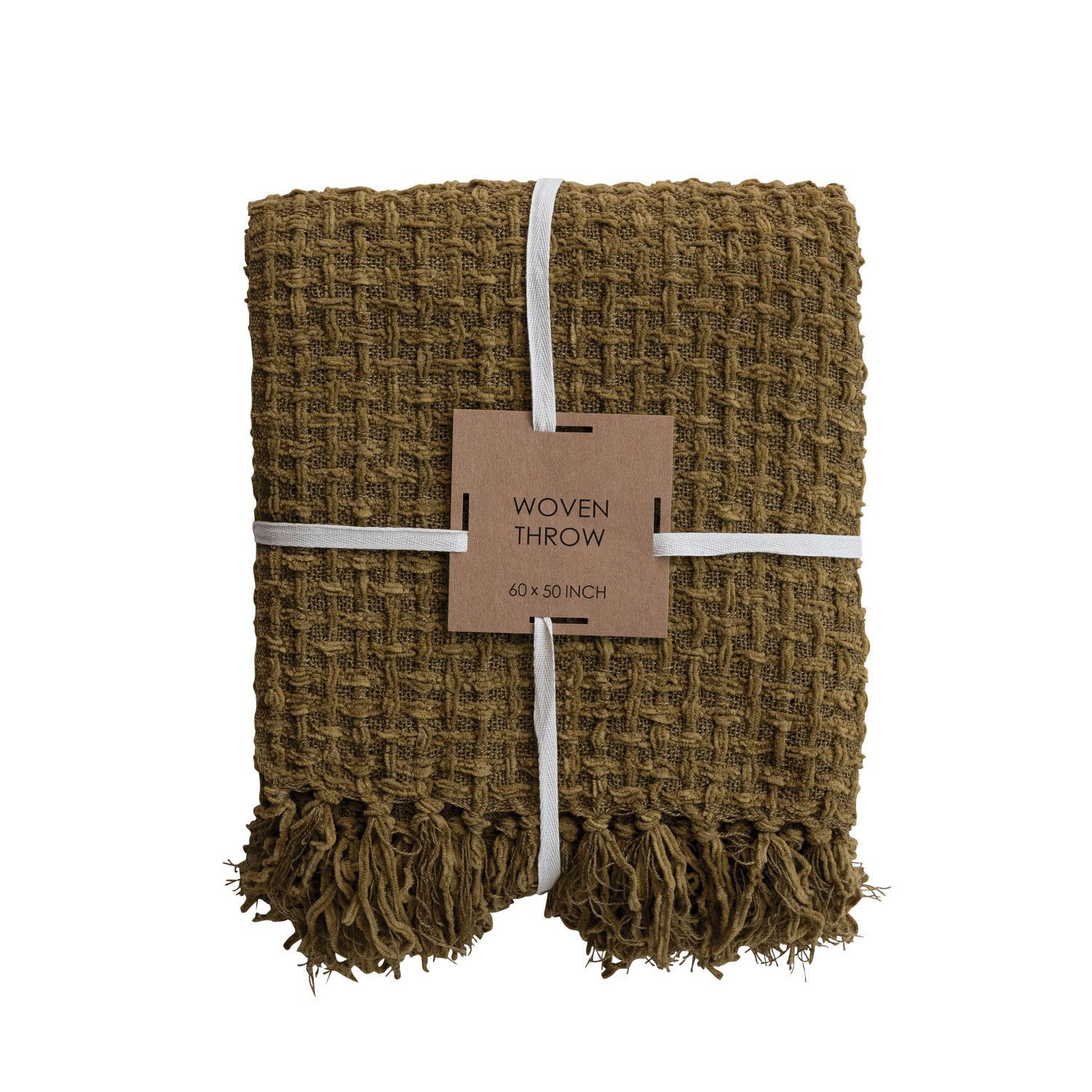 Waffle Weave Throw Blanket with Fringe, Color: Olive Green