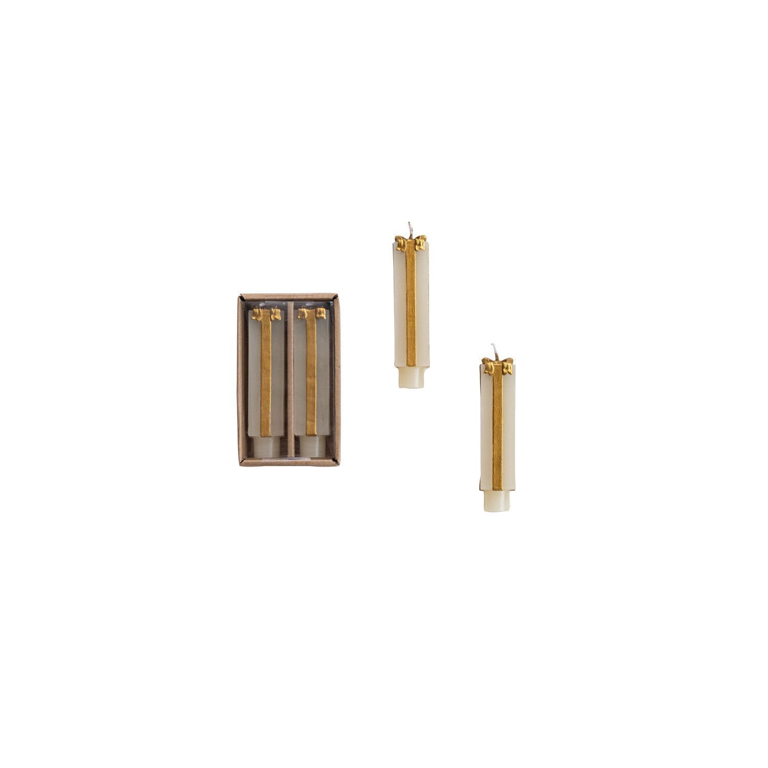 Unscented Gift Package Shaped Taper Candles (2 pack) White &amp; Gold Short