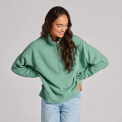 Life is Good Women’s Solid French Terry Boxy Quarter Zip Granite Green