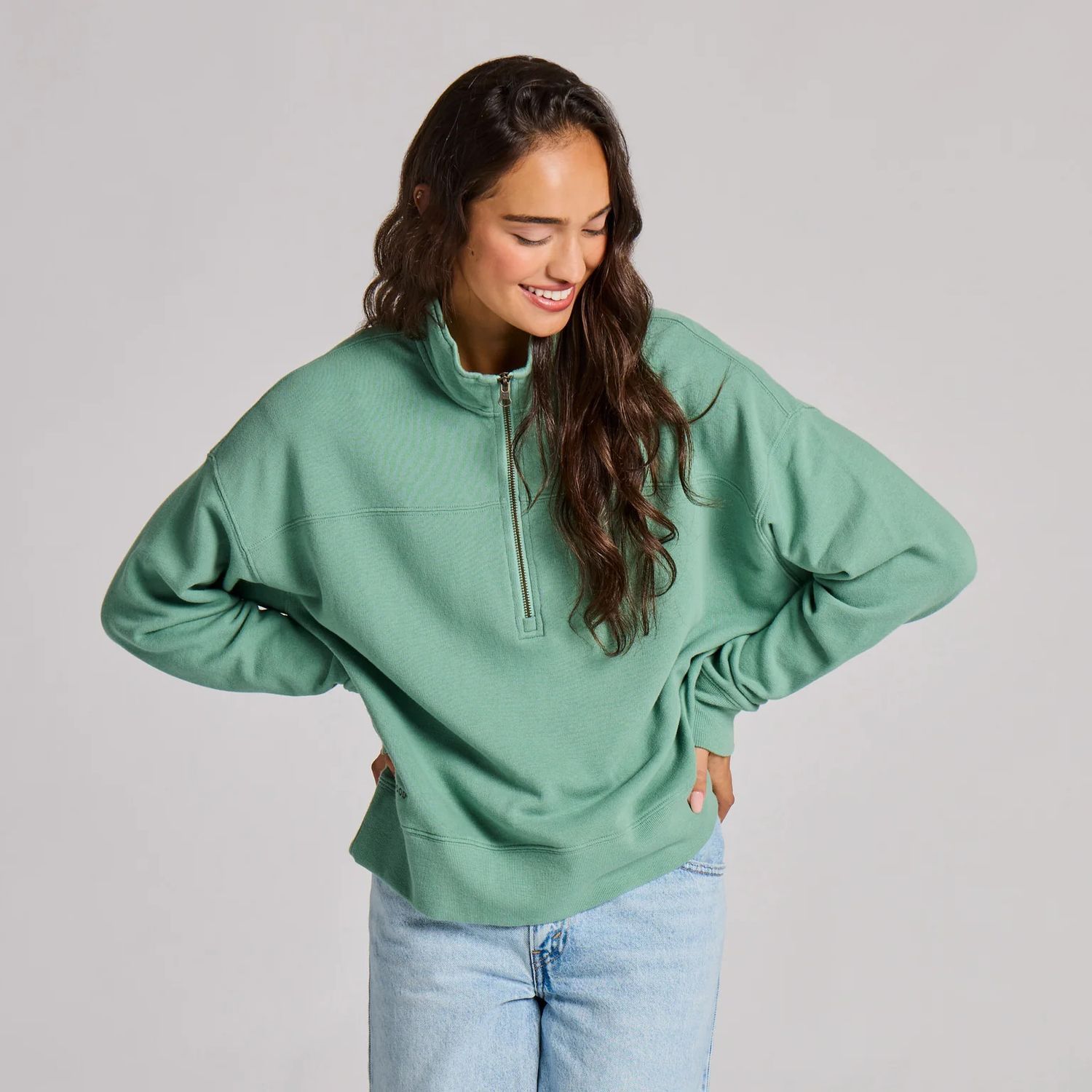 Life is Good Women’s Solid French Terry Boxy Quarter Zip Granite Green, Color: Granite Green, Size: MD
