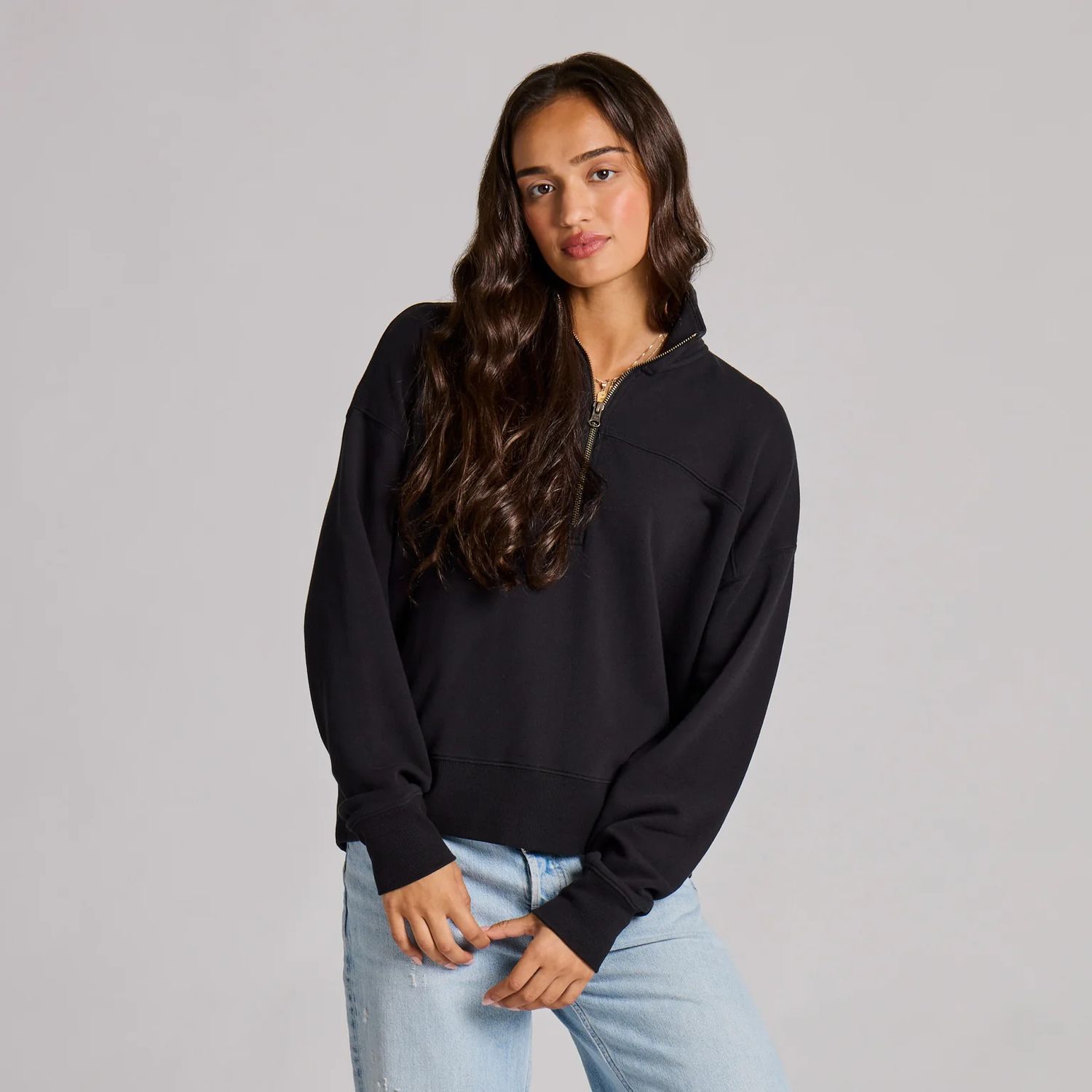 Life is Good Women’s Solid French Terry Boxy Quarter True Black, Color: True Black, Size: MD