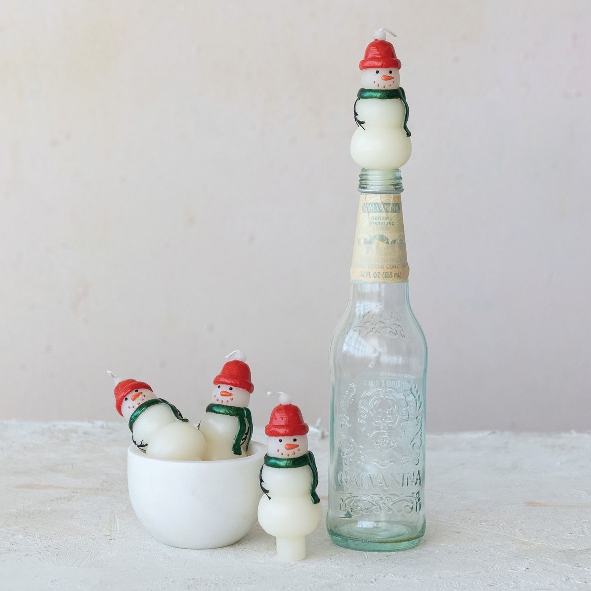 Unscented Snowman Shaped Bottle Taper Candles (4 pack)