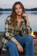 Women's Plaid Shacket With Side Pocket, Color: Olive, Size: SM