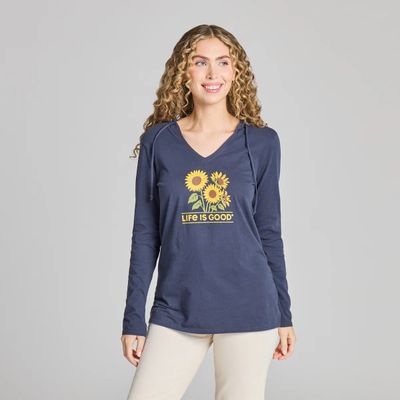 Women's Sunflower Field Long Sleeve Crusher-Lite Hooded Tee Inkwell Blue