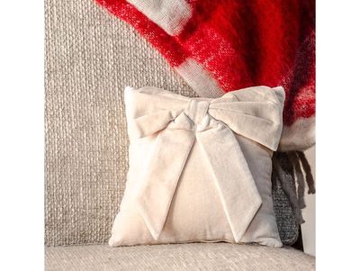 10” x 10" Beige Velvet Bow Pillow