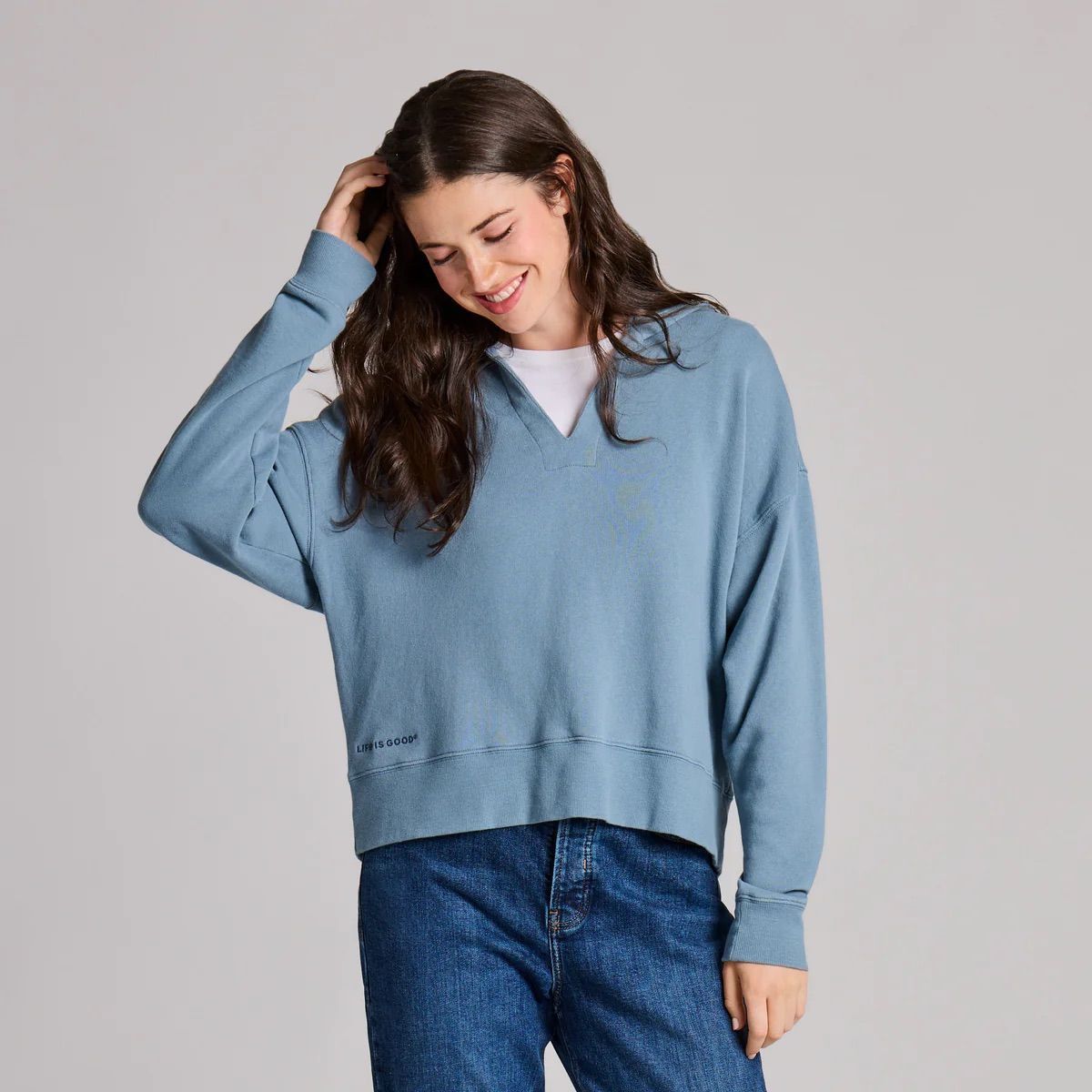 Life is Good Women's Solid French Terry Boxy Pullover Hoodie, Color: Slate Blue, Size: S