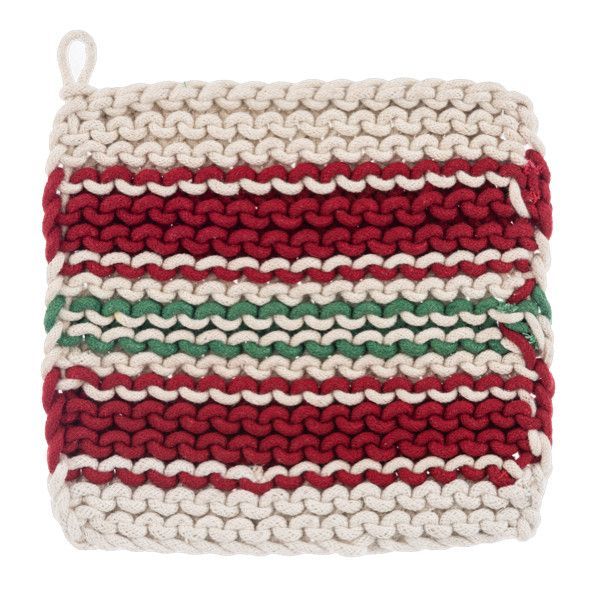 Cotton Crochet Red &amp; Green Stripe Pot Holder, Style: Wide Stripe